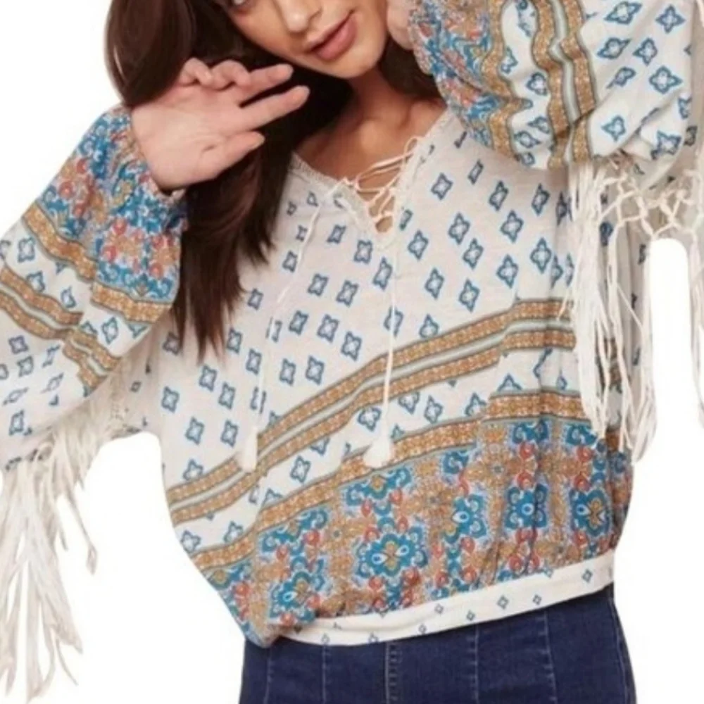 Free People Bohemian Fringe V-Neck Top - White and Blue